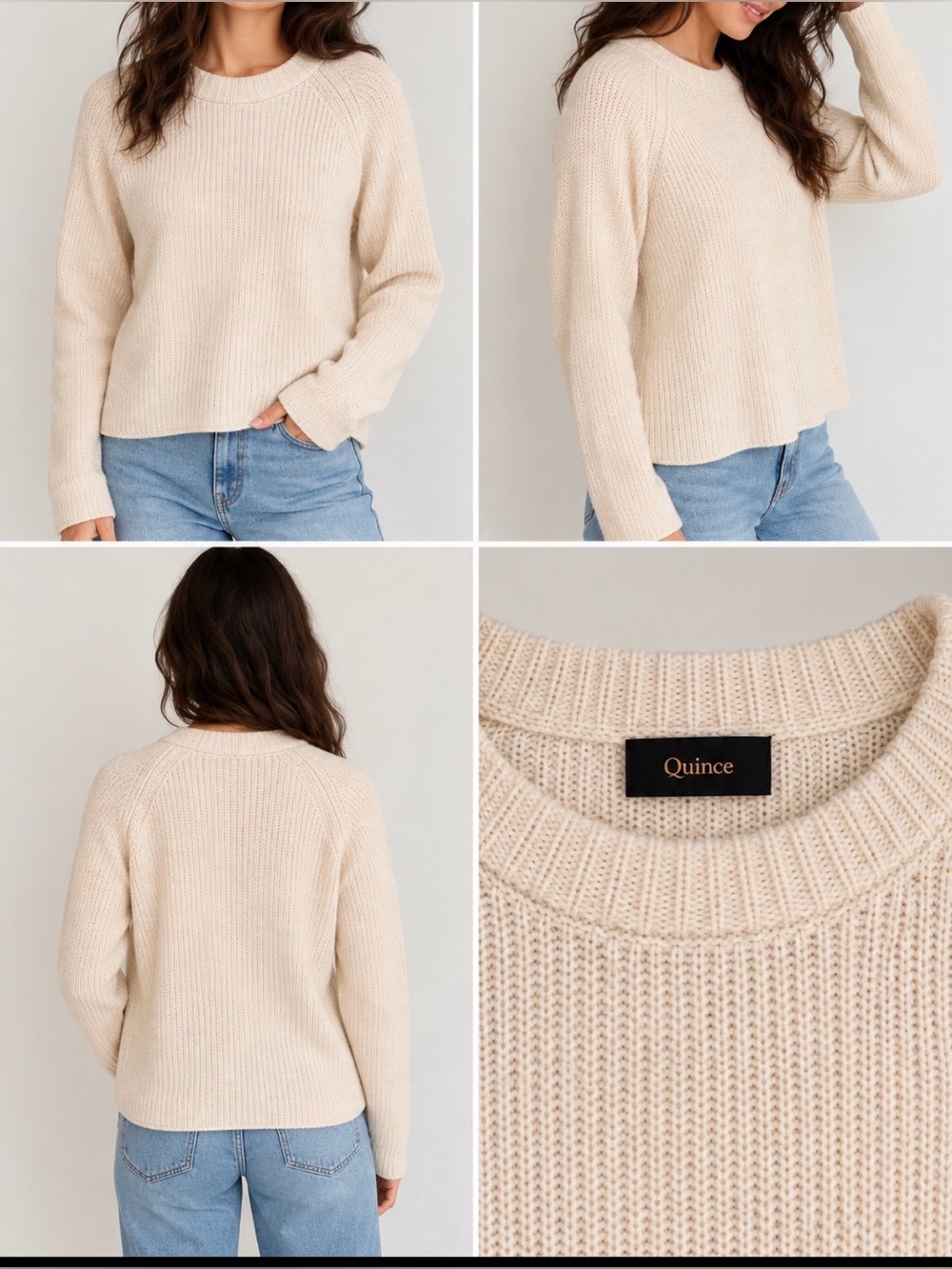 Quince 100% Mongolian Cashmere Ribbed Crewneck Sweater Ivory Cream Size M
